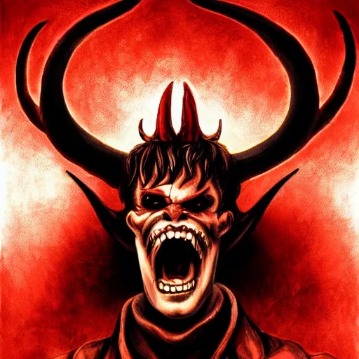 Image similar to the _ devil _ holding _ a _ skull _ red _ horns _ ominous _ fiery _ background _ symmetrical _ detailed _ face _ despair _ highly _ detailed _ high _ resolution _ sandro _ botticel