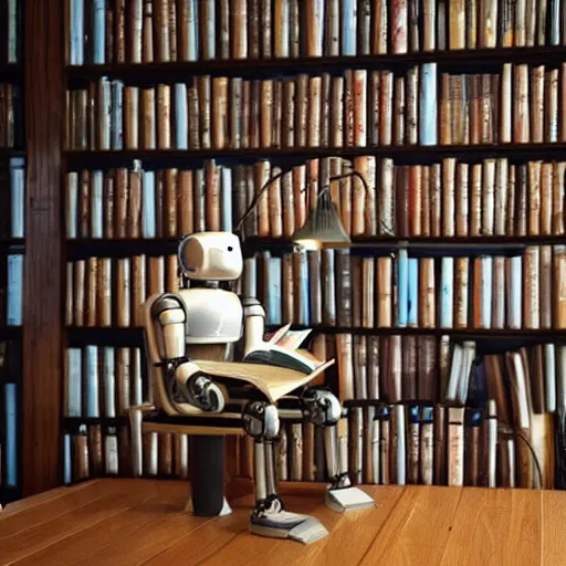 Prompt: a robot reading a book sitting in a desk chair and on the table a desk lamp turned on, in the background many books! dream a robot reading a book sitting in a desk chair and on the table a desk lamp turned on, in the background many books, gothic art, harlem renaissance