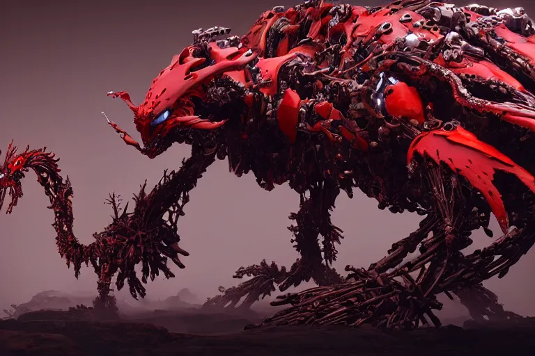 Image similar to a hyper detailed red fanghorn evangelion realistic mechanical and organic creature similar look as horizon forbidden west horizon zero dawn, bioluminiscence in a dark deep forest at dawn in spring, with reflection and textures, by kilian eng, substance painter reaslitic mech surface metal painted scratches,