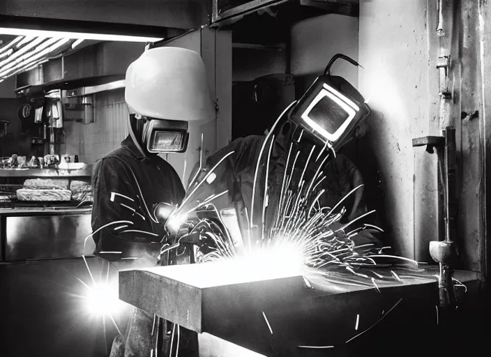 Image similar to welder in welding mask in a cheese shop, by richard avedon, tri - x pan stock