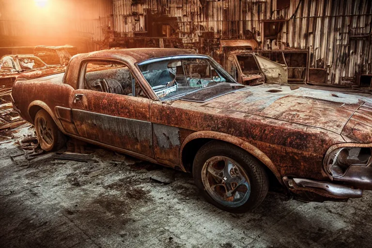 Image similar to A rusty old mustang in an abandoned big factory, sun lighting from above, taken with a Leica camera, ambient lighting, sunset time, highly detailed art