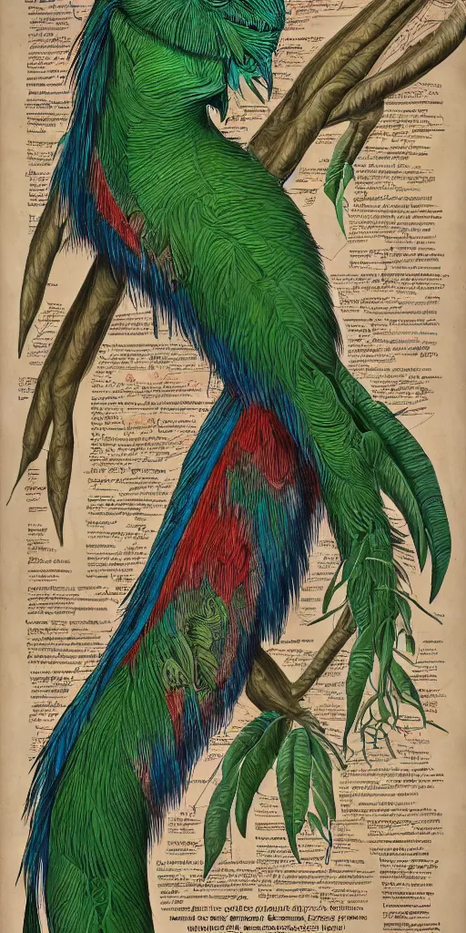 Prompt: Highly detailed labeled biology poster of a quetzal, Anatomical drawing on poster paper with notes, well-lit, ray tracing, detailed