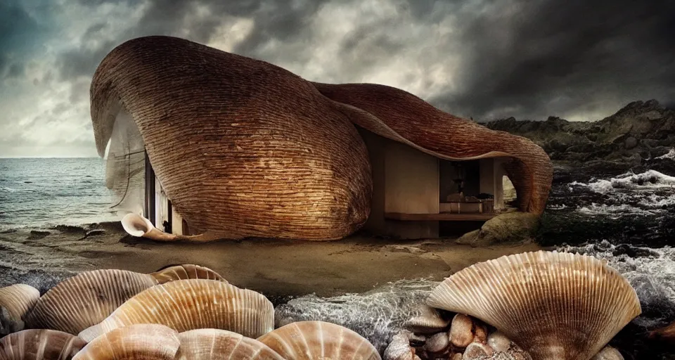 Image similar to seashell house, atmospheric cinematography