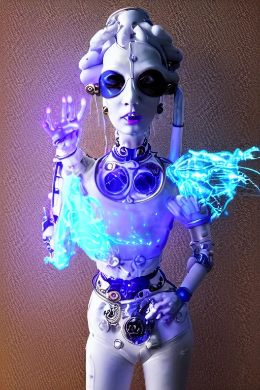 Prompt: full-body porcelain baroque space futuristic style sculpture of a young beautiful goddess as a half-robot wearing cholo shades, blue glowing lips, mechanical fingers, oozing neon radioactive liquid, electric sparks, glowing hot magenta laser beam eyes, blue diamonds, golden steampunk necklace with a glowing white crystal orb, flowing pink satin, industrial fabrics, mechanical plants. baroque and steampunk elements. full-length view. baroque element. intricate artwork by caravaggio. Trending on artstation, octane render, cinematic lighting from the right, hyper realism, octane render, 8k, depth of field, 3D