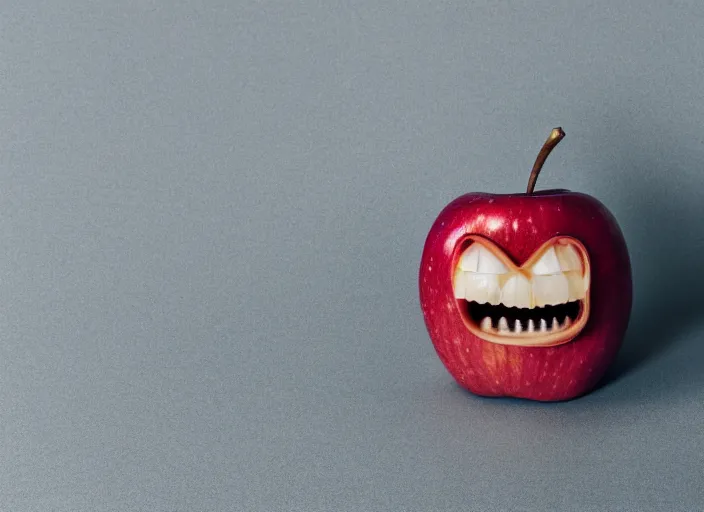 Image similar to photo still of an apple with human teeth, 8 k, studio lighting bright ambient lighting key light, 8 5 mm f 1. 8