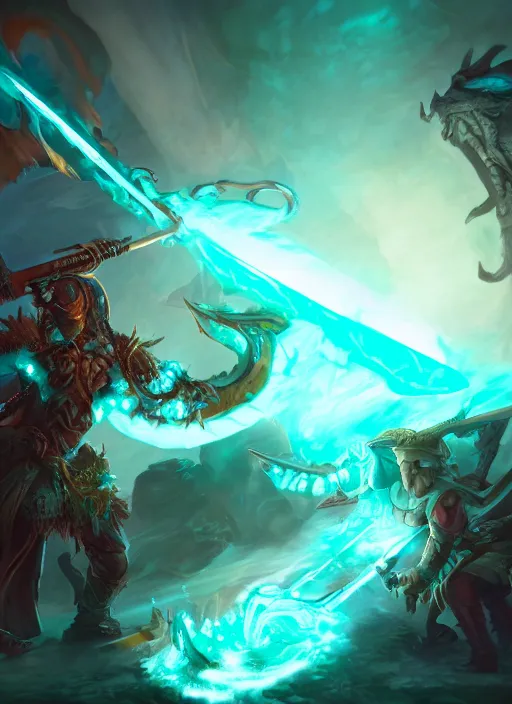 Image similar to Battleaxe Glowing emanating teal energy, dungeons and dragons, highly detailed, digital painting, sharp focus, illustration, Unreal Engine, 8k, HD