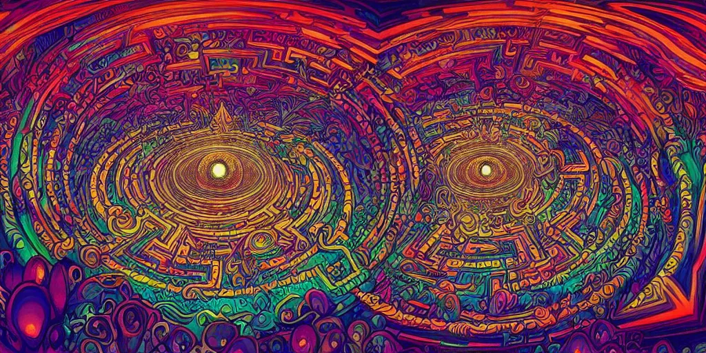 Prompt: An extremely psychedelic abstract illustration of an all seeing eye shaped labyrinth maze , colorful, surreal, dramatic lighting, magic mushrooms, psilocybin, LSD, detailed, intricate, elegant, highly detailed, digital painting, artstation, concept art, smooth, sharp focus, illustration, art by Krenz Cushart and Artem Demura and alphonse mucha, unreal engine 5 render, 8k