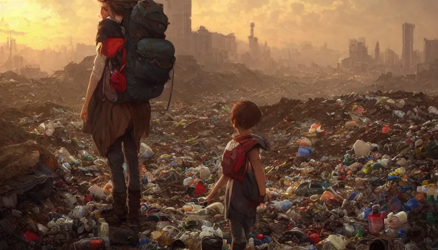 Image similar to poor detailed child with backpack looking for food at garbage dump, city is pure wasteland, moody sunset in background, greg rutkowski, alphonse mucha, trending on artstation, artgerm, unreal engine, breathtaking, award winning, highly detailed