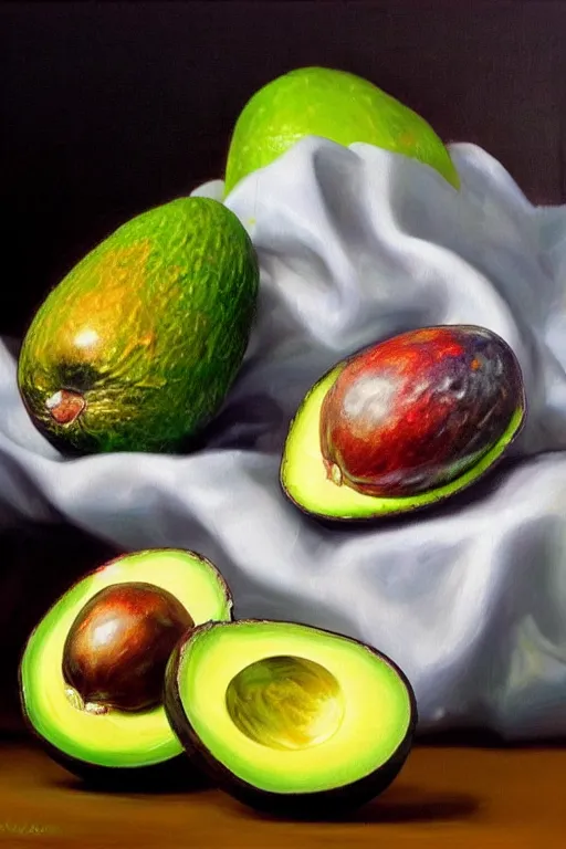 Image similar to A beautiful still life oil painting of Avocados lying on a silk cloth, fog, volumetric lighting, summer, hyperrealistic, colorful, hyperdetailed.