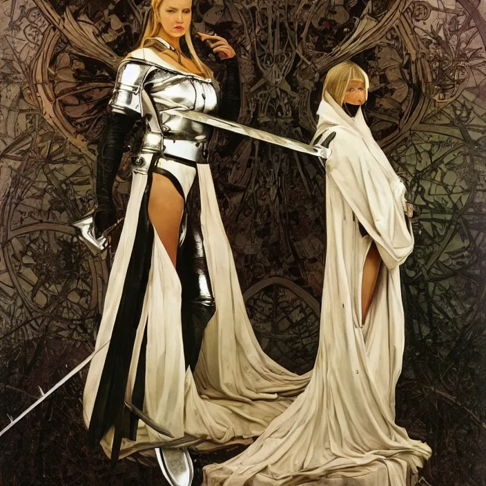 Prompt: teutonic knight, full body, high fashion, latex, rubber, sharp, flowing, slick, highly detailed, motion, concept art, smooth, sharp focus, hd, art by alphonse mucha and caravaggio and annie leibovitz