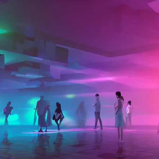 Image similar to vaporwave, people communicating with each other in groups of ten, a large hall, dim painterly lighting volumetric aquatics, party