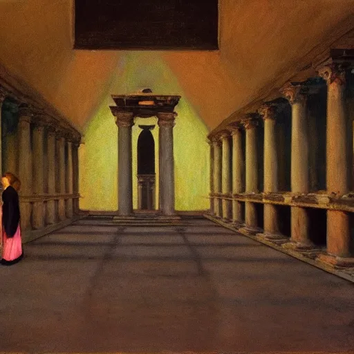 Image similar to procession of women in an haunted liminal abandoned temple, film still by edward hopper, by gottfried helnwein, by klimt, art noveau, highly detailed, strong lights, liminal, eerie, bright pastel colors,