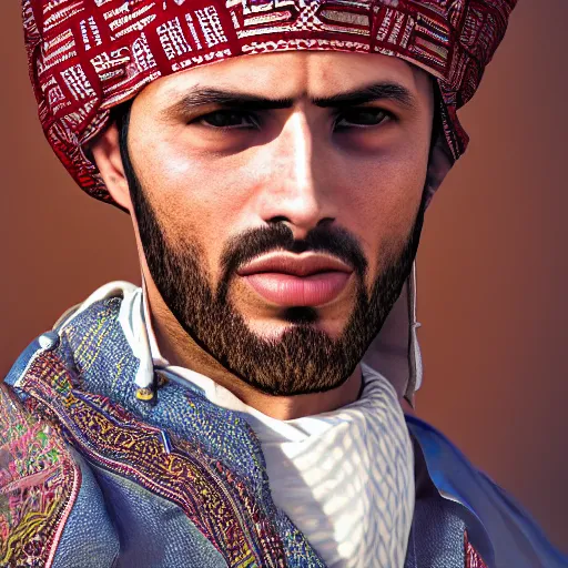 Image similar to realistic photo of a man wearing moroccan clothes, close photo, profile, hd, hdr, 8 k, realism