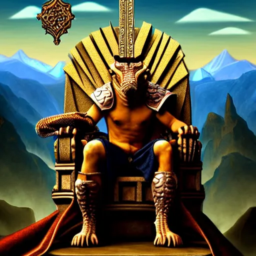 Image similar to a dragonborn as the king of a kingdom sitting on his throne, digital art, renaissance painting, fantasy art, ultra detailed, as coherent as Dall-E 2