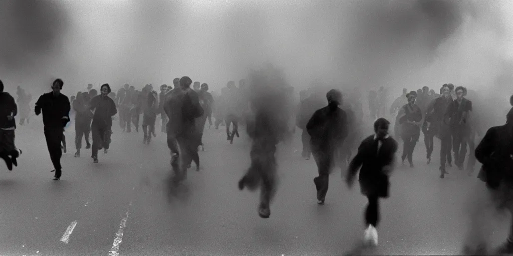 Image similar to street photo, revolution, smoke on the street, blurred thousands of people running, closeup, film photography, 1 9 8 0 s, exposed b & w photography, christopher morris photography, bruce davidson photography, peter marlow photography