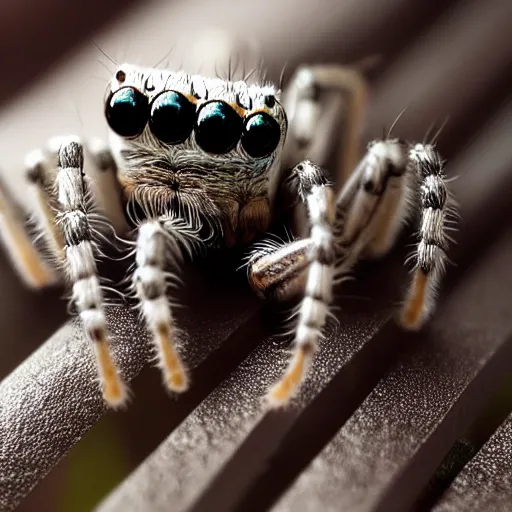 Prompt: a jumping spider using a microscopic keyboard, by pixar, macro lens, iridescent