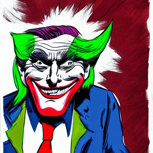 Image similar to Donald Trump as the joker, full shot, concept art, illustration by John Romita Jr.