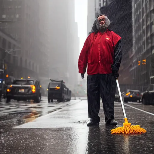 Prompt: closeup portrait of a cleaner with a giant mop in a rainy new york street, by Steve McCurry and David Lazar, natural light, detailed face, CANON Eos C300, ƒ1.8, 35mm, 8K, medium-format print