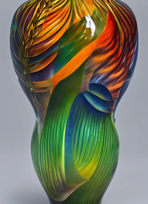 Image similar to Escher inspired vase, designed by Rene Lalique, studio photography on a Leonid Afremov background