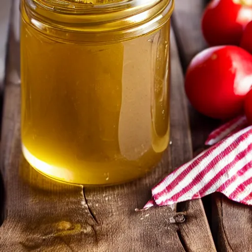 Prompt: a jar of honey with pickles inside, food photography, product image, honey pickles