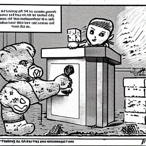 Image similar to 1 9 9 0 s political cartoon about a teddy bear playing jenga