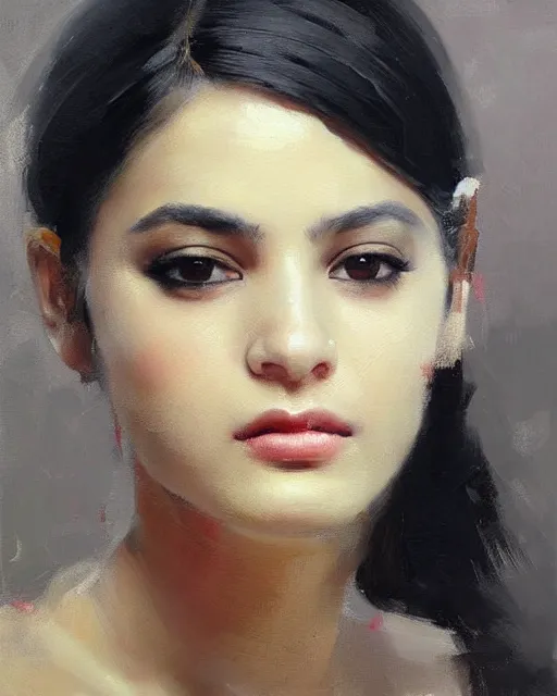 Image similar to beautiful portrait painting an gorgeous delhi girl wearing a little black dress, oil painting, art by ruan jia