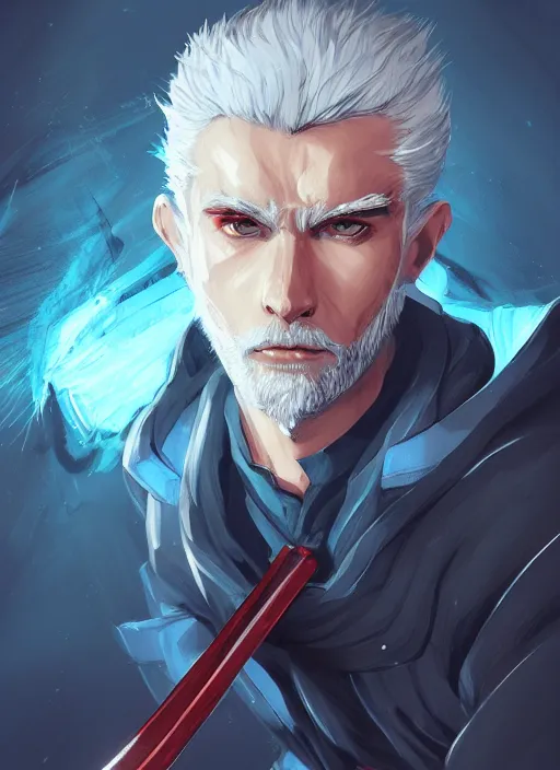 Image similar to a highly detailed illustration of young short slick back white haired man wearing dark blue coat, bright blue eyes, dramatic wielding katana pose, intricate, elegant, highly detailed, centered, digital painting, artstation, concept art, smooth, sharp focus, league of legends concept art, wlop