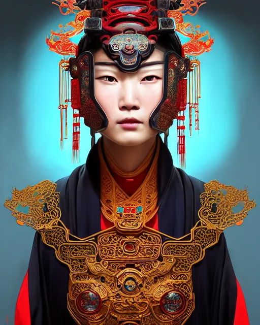 Image similar to portrait of a chinese cyberpunk machine, machine face, robed, upper half portrait, decorated with chinese opera motifs, regal, asian, fine china, wuxia, traditional chinese art intricate intense elegant 京 剧 highly detailed digital painting artstation concept art smooth sharp focus illustration, art by artgerm and greg rutkowski alphonse mucha 8 k