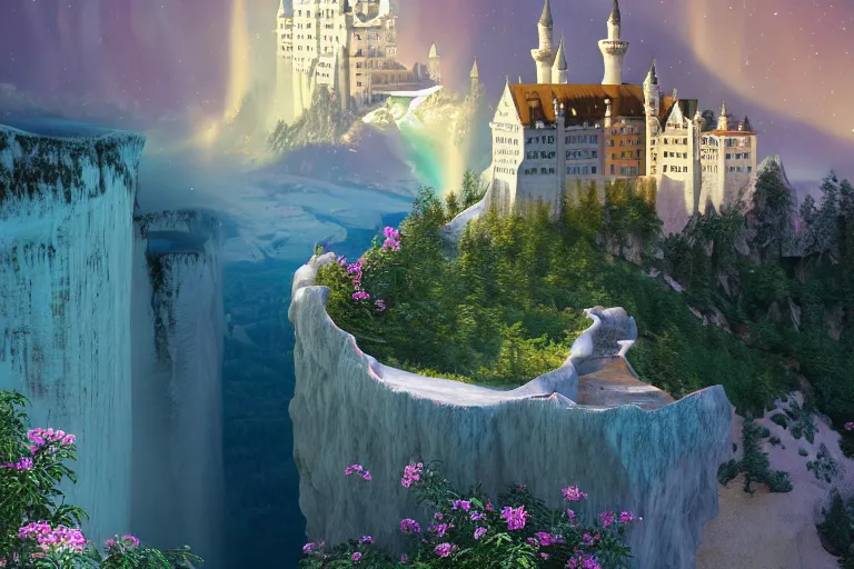 Image similar to neuschwanstein castle on pamukkale thermal waters flowing down gold travertine terraces in royal blue antelope canyon during sakura season on an interstellar aurora borealis with heavy thunder and lightning, pink and pink waterfalls, by peter mohrbacher, james jean, james gilleard, greg rutkowski, vincent di fate, rule of thirds, octane render, beautiful landscape