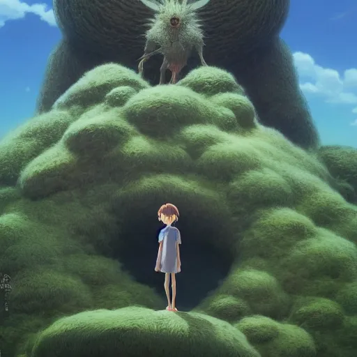 Image similar to friendly guy and small creature , with Fragile looking character portrait face made by Studio Ghibli highly detailed art, beautiful scene, sharp focus, smooth, 8k, anime art made by zdzisław beksiński