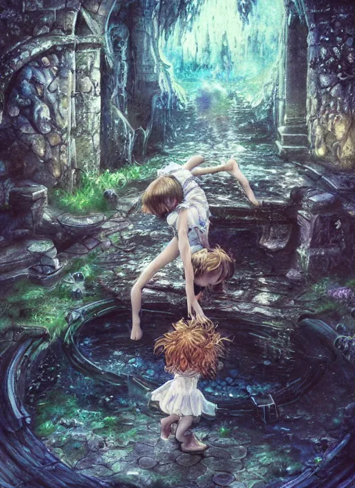 Prompt: portrait, a little girl falling down a wishing well into another realm, magical, fantasy, watercolor, dramatic lighting, cinematic, establishing shot, extremely high detail, foto realistic, cinematic lighting, pen and ink, intricate line drawings, by Yoshitaka Amano, Ruan Jia, Kentaro Miura, Artgerm, post processed, concept art, artstation, matte painting, style by eddie mendoza, raphael lacoste, alex ross