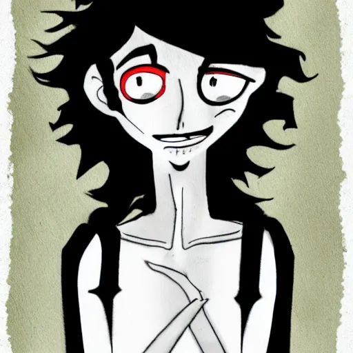 Image similar to young man portrait, black hair, skinny, sleep deprived, corpse bride art style