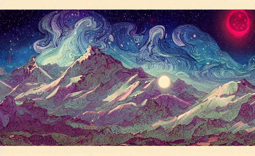 Prompt: mountains, stars and paisley filled sky, artstation, intricate, highly detailed, digital painting, concept art, sharp focus, illustration by Benjamin Lacombe and Ivan Bilibin