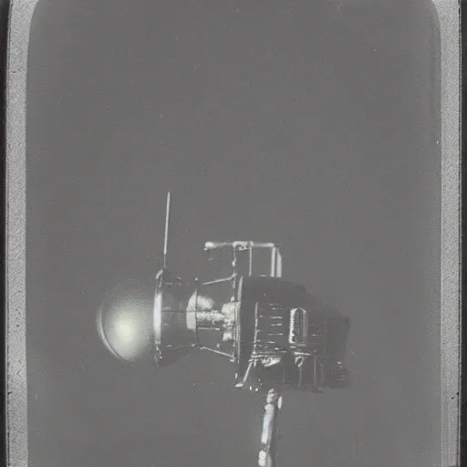 Prompt: old polaroid depicting an metallic alien probe, at a clearing