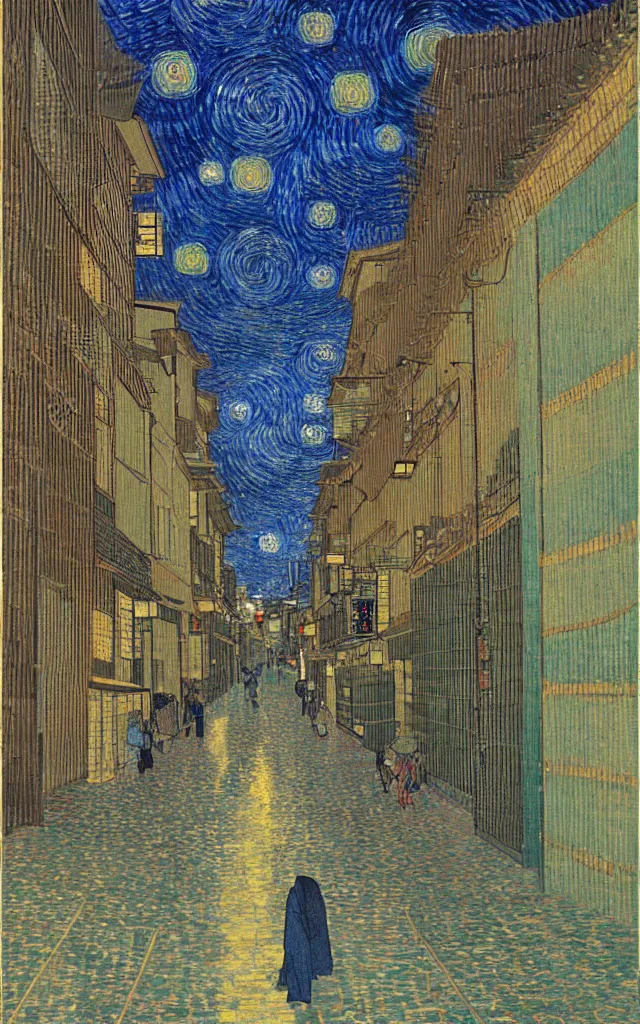 Prompt: rainy streets of kyoto, fibonacci sequence. japanese embroidery. retro minimalist art by jean giraud and van gogh.