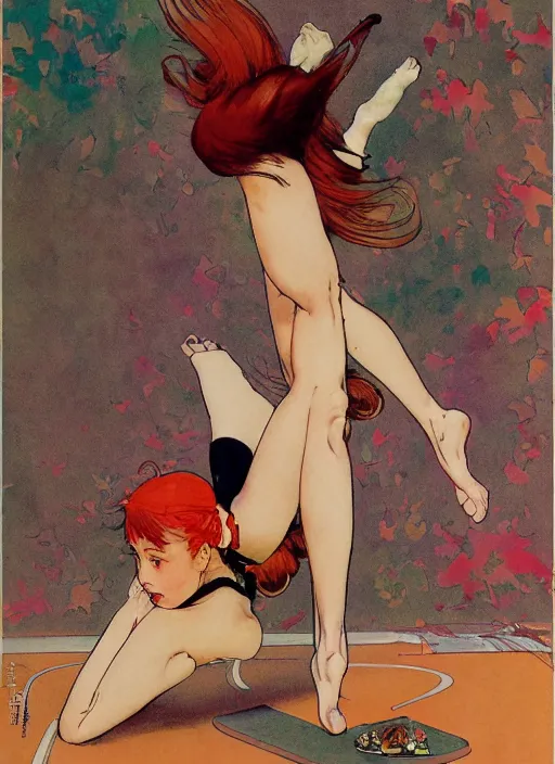 Image similar to an art nouveau copic maker illustration of asuka langley doing yoga by norman rockwell and john berkey