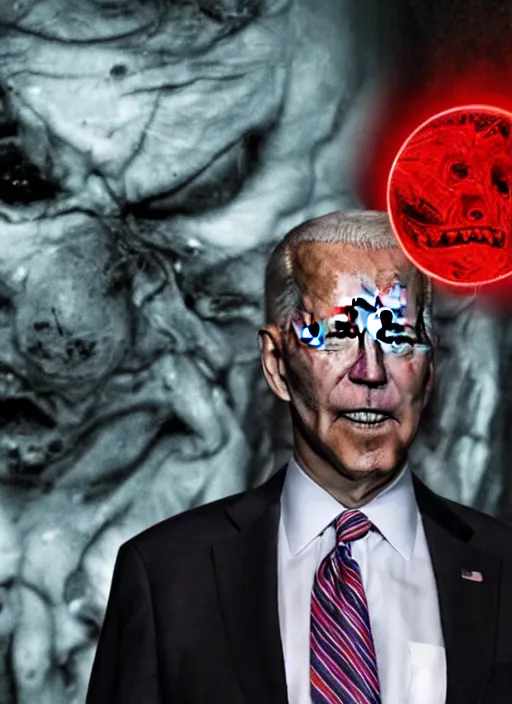 Image similar to hyper realistic ultra realistic horror terror dimensional photo furious glowing red eyes biden, high quality photo, detailed , 8k