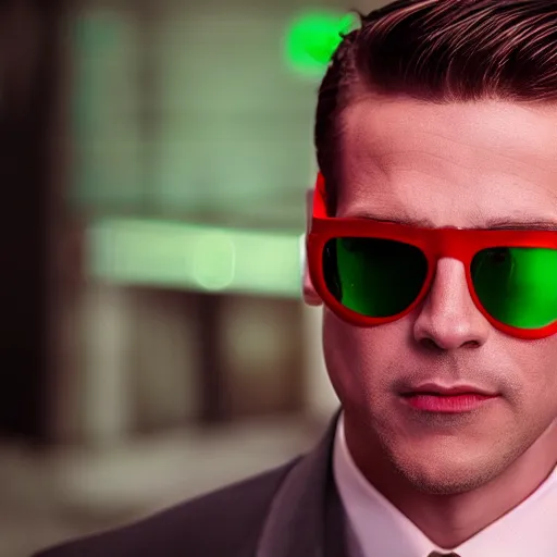 Prompt: A man wearing sunglasses, a suit with a red tie in the matrix, green overlay, 4k