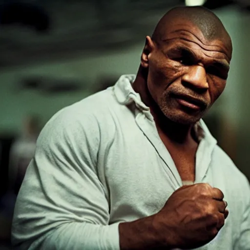 Image similar to a cinematic film still of Mike Tyson holding a Piegeon, 40mm lens, shallow depth of field, close up, split lighting, cinematic