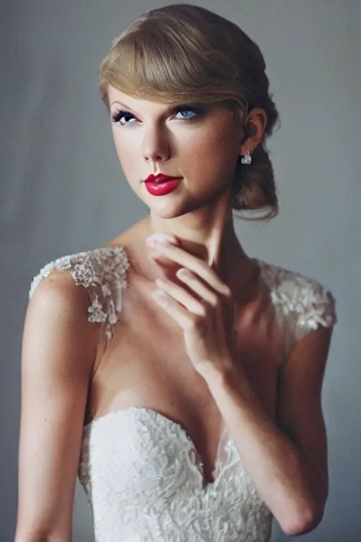 Image similar to waist - up - photo!!!!!!!!!!!! of taylor swift in a beautiful wedding dress, focus on face and facial details. ( ( ( ( ( ( head - shot ) ) ) ) ) )