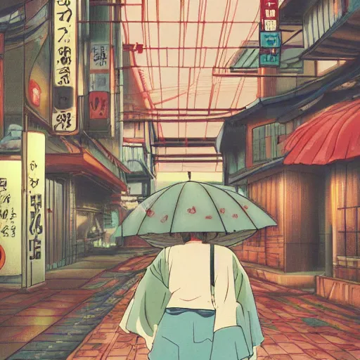 Prompt: pho, rainy day, anime, japan, ghibli, 9 0 s, retro style, aesthetic, chill, room