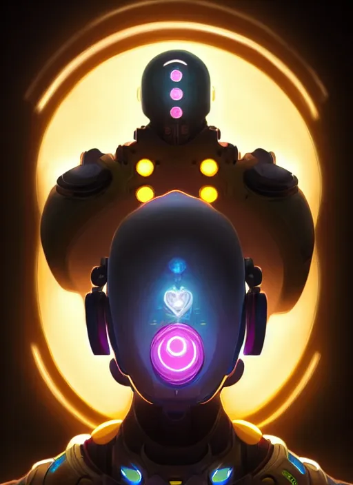 Image similar to symmetry portrait of zenyatta from overwatch, sci - fi, tech wear, glowing lights intricate, elegant, highly detailed, digital painting, artstation, concept art, smooth, sharp focus, illustration, art by artgerm and greg rutkowski and alphonse mucha