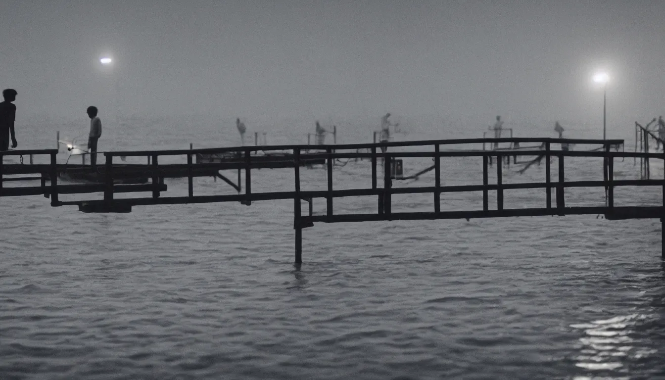 Prompt: 80s asian neon movie still with a lone man fishing on a pier by the river at night with city lights behind his back. Fallen angels movie still. hyperrealistic, photorealistic, high definition, medium format photography, highly detailed, tehnicolor, anamorphic 50mm lens