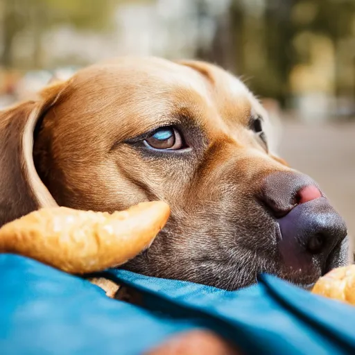 Image similar to photo of cute dog eating bagles from mesh bag, shallow depth of field, cinematic, 8 0 mm, f 1. 8