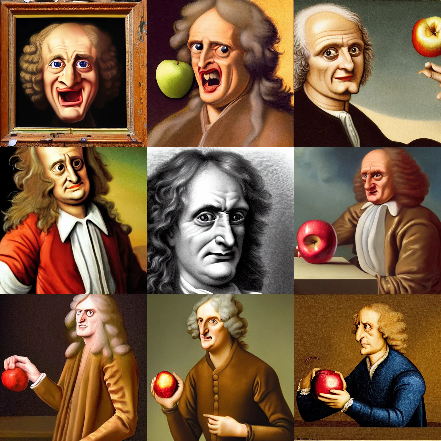 Prompt: isaac newton shouting at a broken apple, airbrushed caricature, highly detailed, hyper realistic, award winning