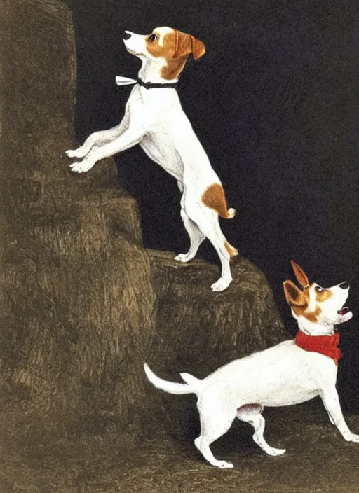 Image similar to candid portrait of a jack russel terrier howling, side view, illustrated by peggy fortnum and beatrix potter and sir john tenniel