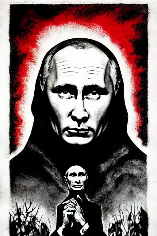 Image similar to putin went to hell, art in the style of a poster for horror films in a cinema, detailed art in color