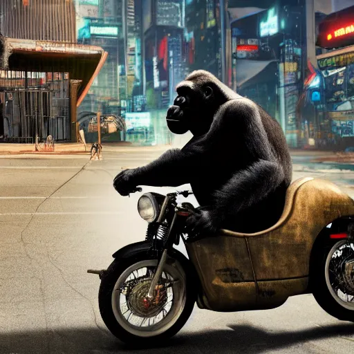 Prompt: a gorilla is riding a motor cycle in a cyberpunk city