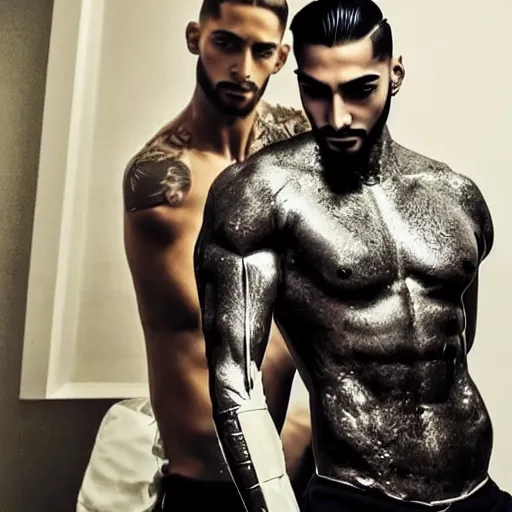 Prompt: a realistic detailed photo of a guy who is an attractive humanoid who is half robot and half humanoid, who is a male android, singer maluma, shiny skin, posing like a statue, blank stare, in a living room, on display, showing off his muscles, with a twin