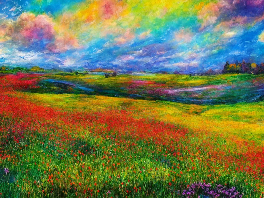 Image similar to an impressionist painting of a gorgeous meadow filled with colorful mushrooms with a stream flowing through it, psychedelic colors, colorful sky in background, high detail, trending on artstation